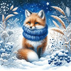 a painting of a fox wearing a scarf in the snow with stars and bushes around it