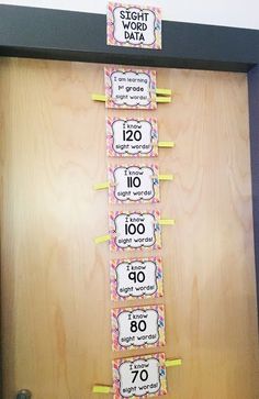 the door is decorated with numbered numbers and signs for sight word data to be displayed