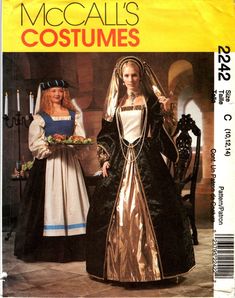 Medieval renaissance shakespeare play costume sewing pattern size 10 12 14 mccall's 2242 misses women ladies c 1999 included in this envelope are instructions and pattern pieces to make: skirt blouse apron headpiece with veil view a - has peasant blouse worn under bodice with contrast inset, long lined sleeves and back zipper; underskirt has elastic waist. headpiece with attached veil view b - has peasant blouse worn under sleeveless bodice with back zipper; skirt has waistband, back zipper and attached apron; headpiece with attached veil uncut with factory folds. Mccalls Patterns Vintage, Retro Sewing Patterns, Costume Sewing Patterns, Gown Pattern, Medieval Costume, Costume Patterns, Mccalls Sewing Patterns, Blouse Pattern Sewing, Skirt And Blouse