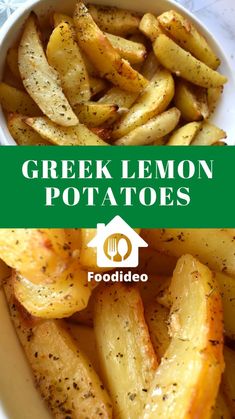 greek lemon potatoes in a white bowl with the title overlay reads greek lemon potatoes