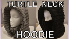 two hats with hoods on top of them and the words turtle neck hoodie