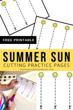 the free printable summer sun cutting practice pages for kids to learn how to cut and glue