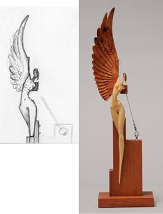 an image of a woman with wings on top of a wooden stand and another drawing behind it