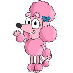 a pink poodle with a bow on it's head is standing and smiling