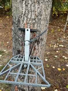 a tree stand attached to the trunk of a tree in front of a large tree