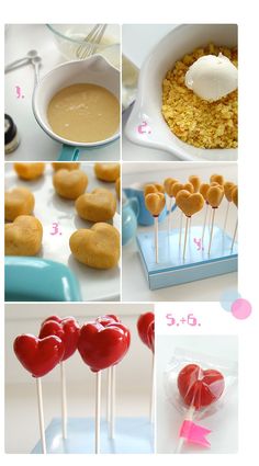 several pictures showing different types of desserts on sticks, including marshmallows and heart shaped lollipops