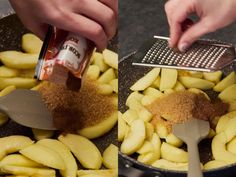 two people grating apples in a frying pan with tongs and seasonings