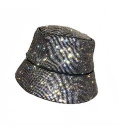 Rhinestone embellished hat. Trendy Rhinestone Hat, Adjustable Bucket Hat With Curved Brim For Party, Adjustable Bucket Hat For Party, Adjustable Summer Hats With Bling, Trendy Summer Hats With Rhinestones, Trendy Bucket Hat For Party, Trendy Party Bucket Hat, Party Hats With Rhinestones And Short Brim, Brimmed Party Hats With Rhinestones