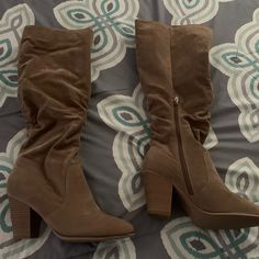 Cute Ruched Boots. The Heel Is 3 Inches Tall. Never Worn Before, As You Can See, There’s No Marks. Ruched Boots, Brown Ankle-high Boots With 4-inch Heel, Brown Ankle-high Boots With Reinforced Heel, Brown Medium Width Ankle-high Boots, Brown Boots With 4-inch Heel And Medium Width, Brown Ankle-high Heeled Boots With Zipper, Heel Boots, High Heel Boots, Shoes Heels Boots