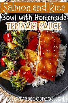 salmon and rice bowl with homemade teriya sauce on a black plate next to broccoli