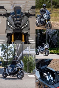 four different views of a motorcycle with the top open and bottom closed, side by side