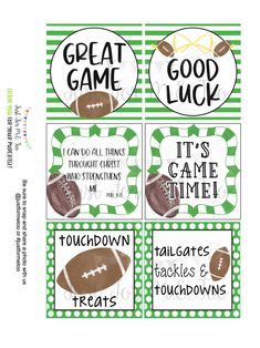 two football themed stickers with the words great game and it's game time