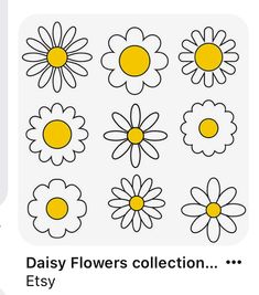 the daisy flowers collection is shown in yellow and white, with black outlines on each side