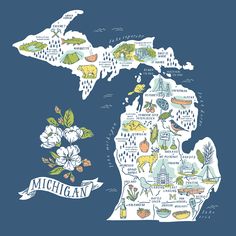 the michigan state map is shown with flowers and other things on it's blue background