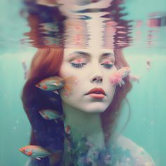 a woman with fish on her head under water