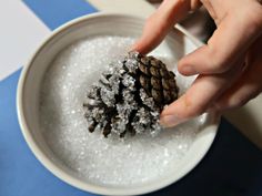 a person is holding a pine cone in some sugar on top of a white bowl