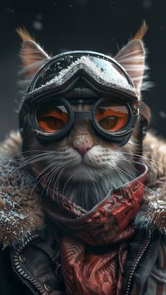 a cat with goggles and a scarf around it's neck wearing a jacket