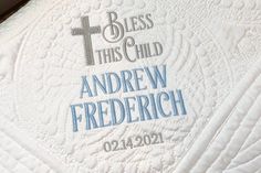 a close up of a cross on a mattress with the words, andrew friederrich