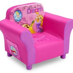 a pink children's chair with disney princess pictures on the armrests and feet