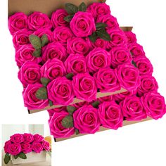 pink roses in a cardboard box with green leaves on the top and bottom, are shown