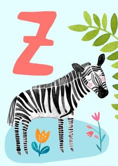 a zebra is standing in the grass next to some plants and letters that spell z