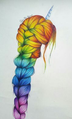 a drawing of a rainbow braid with a unicorn's horn on top and long hair in the middle