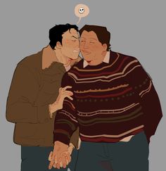 two men are hugging each other and one has a thought bubble above his head as if he was kissing the other man