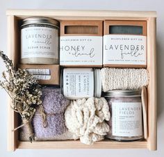 This natural spa gift box is the perfect gift for many occasions. The thoughtful spa gift encourages relaxation and pampering. Great for birthdays, thank you gifts, new mom gifts, baby and bridal shower,  and many other moments. Only high quality ingredients and elegant packaging are used.  This beautiful, personalized gift box is the perfect way to show her some self care and relaxation.  🌿 gift box, measure 9x9x3, handwritten notecard included. wooden keepsake box with the option of an engrav Thoughtful Thank You Gifts, Lavender Self Care, Spa Day Gift, Coastal Ideas, Spa Day Gifts, Bamboo Spoon, New Mom Gifts, Honey Brand, Natural Spa