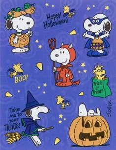 the peanuts gang halloween stickers are all on purple paper with pumpkins and stars