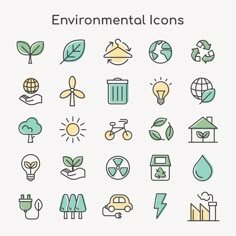 the environmental icons are shown in green and blue colors, including trees, leaves, buildings,