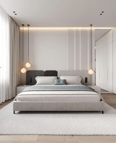 a modern bedroom with white walls and flooring, an upholstered headboard on the bed