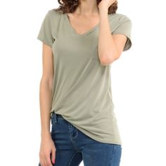 A Plunging Neckline Accentuates Your Feminine Features In This Weekend Wardrobe Staple. 65% Polyester, 35 Cotton, 5% Spandex Hand Wash, Hang Dry All Size Available Made In Usa Stretch V-neck Top For Everyday, Everyday Stretch V-neck Top, Versatile Solid Color V-neck Top, Versatile V-neck T-shirt For Summer, V-neck Stretch T-shirt For Spring, Green V-neck Top For Everyday, Spring V-neck Stretch T-shirt, Spring Stretch V-neck T-shirt, Versatile Green V-neck Top