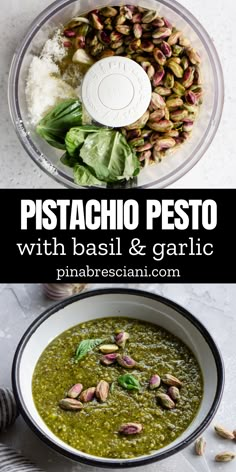 pistachio pesto with basil and garlic in a bowl