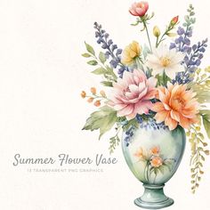 a watercolor painting of flowers in a vase with the words summer flower vase on it