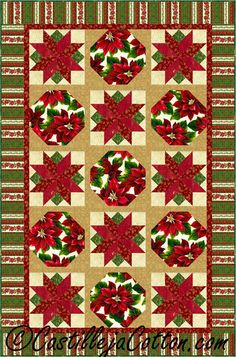 a christmas quilt with poinsettis and holly wreaths on the center,