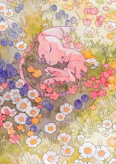 a painting of a baby sleeping in a field of flowers