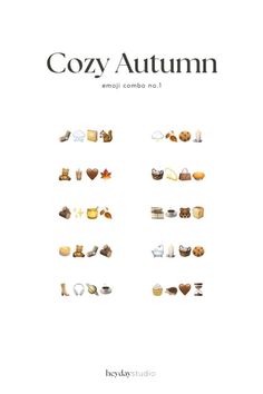 the book cover for cozy autumn, with an image of various items and words on it