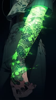 an anime character with green lights on his arm