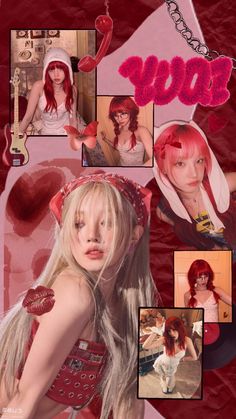 a collage of photos with red hair and hearts on the bottom right hand corner