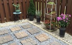 small garden area with potted plants and gravel