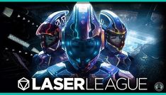 the logo for laser league with two people wearing helmets