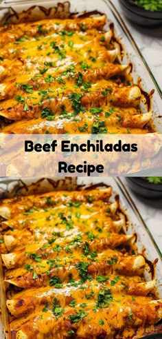 beef enchiladas in a casserole dish with cheese and parsley