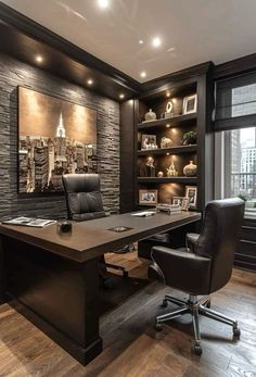 an office with black leather chairs and built - in bookcases is pictured here