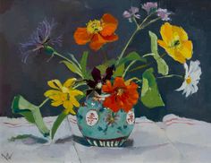 a painting of flowers in a vase on a table