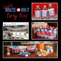 an image of a party with water bottles and candy bars on the table in front of it