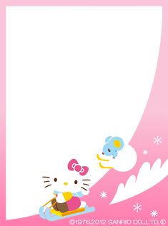 an image of hello kitty sledding down the hill with snowflakes on it