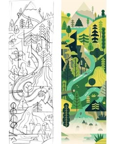 two different designs with trees and mountains in the background