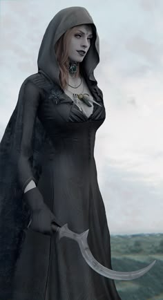 a digital painting of a woman in a hooded dress holding a knife and looking at the camera