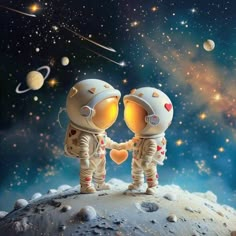 two astronauts holding hands on top of a planet with stars and planets in the background