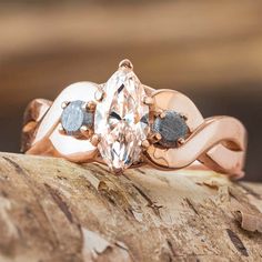 Rose Gold Moissanite Engagement Ring with Meteorite Space Ring, Meteorite Jewelry, Engagement Rings Marquise, 14k Rose Gold Ring, Twist Ring, Rose Gold Engagement, Ring Sizer, Gold Engagement Ring, Significant Other